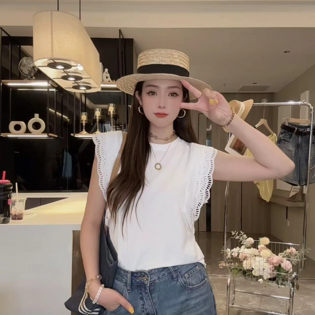 华丽微微【简欧】夏季新款欧货高级感蕾丝拼接圆领T恤T1427