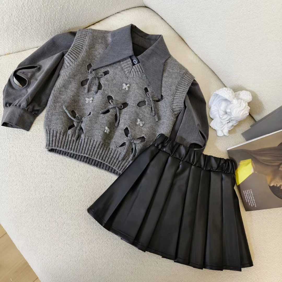 女童套装2025秋装新款复古森系儿童立体蝴蝶结坎肩针织马甲格子裙