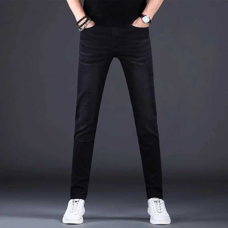 高端黑色弹力牛仔裤男士韩版秋冬新款修身小脚百搭休闲潮流长裤子