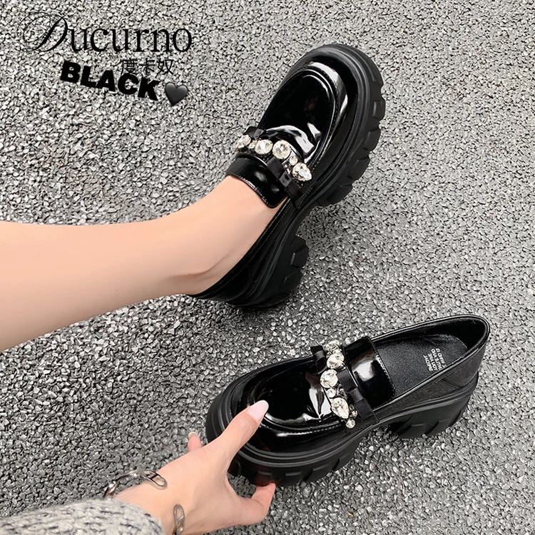 DUCURNO圆头百搭增高厚底深口乐福鞋女时尚单鞋水钻英伦风小皮鞋