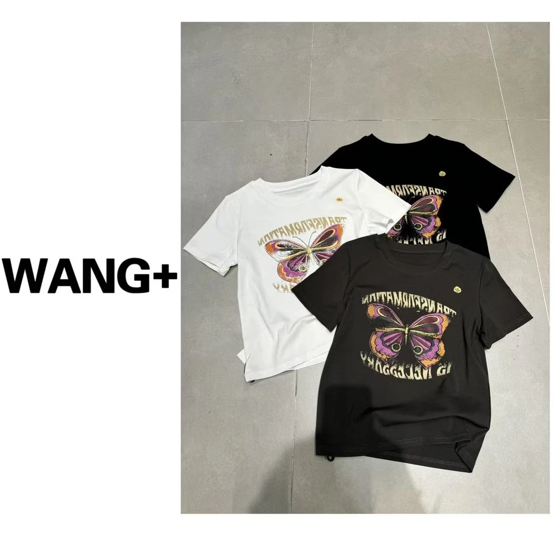 WANG+/深圳货重工法式女款短袖通勤圆领印花T恤极简风短款