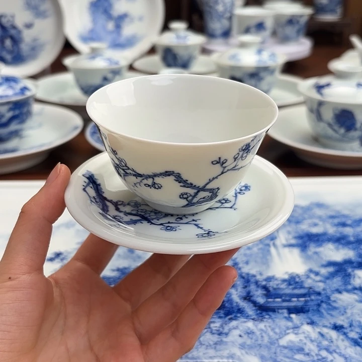 瓷杯子手工手绘梅花套组
