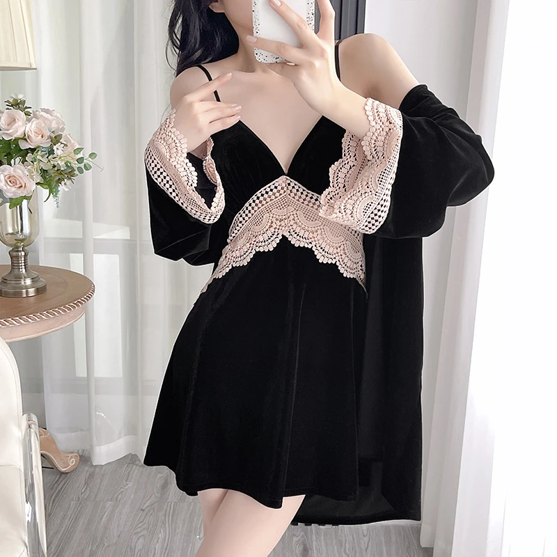 金丝绒睡衣女秋冬款性感蕾丝吊带睡袍两件套睡衣女款爆款2025新款