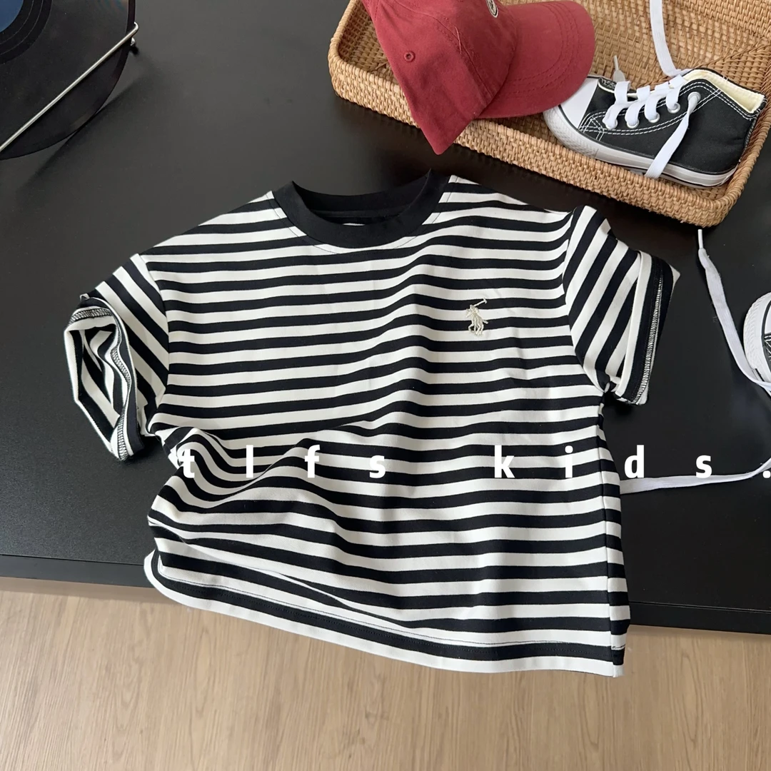 童例「25204条纹刺绣圆领短T恤」夏季透气休闲亲肤男童女童短袖百搭