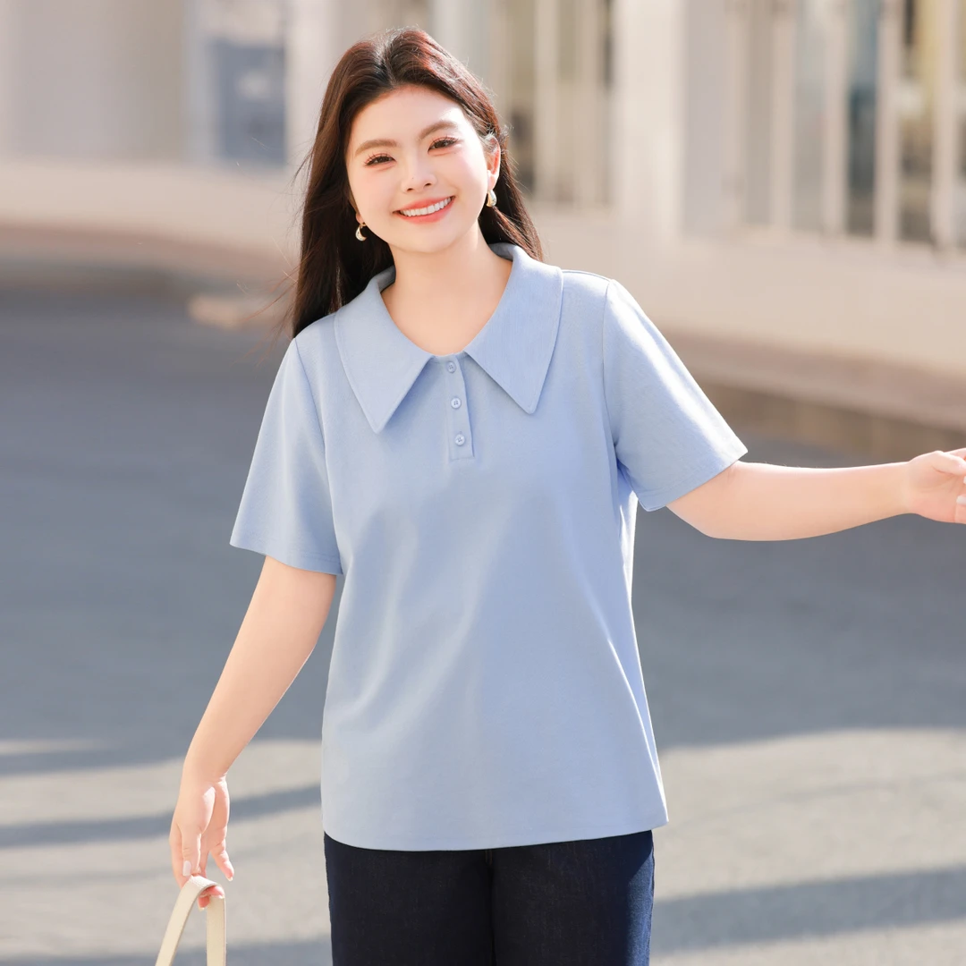 【显瘦正肩珠地棉polo衫】MsShe大码女装2025夏短袖T恤M2503016