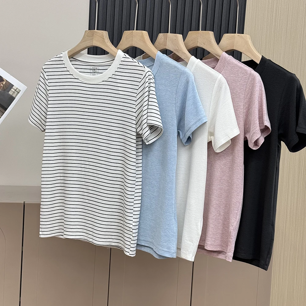 天丝羊毛软糯Q弹舒适透气甜美圆领短袖T恤上衣女25312