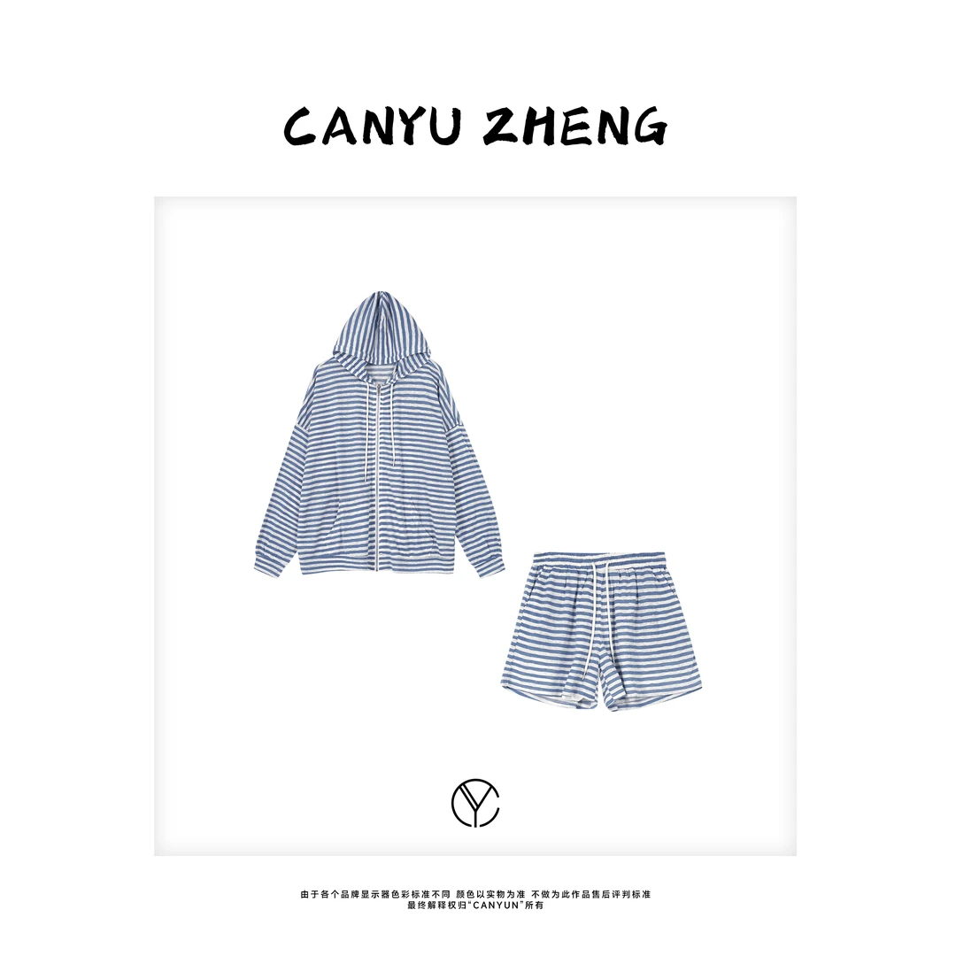 CANYU 刺绣抽绳连帽条纹运动休闲外套+短裤套装