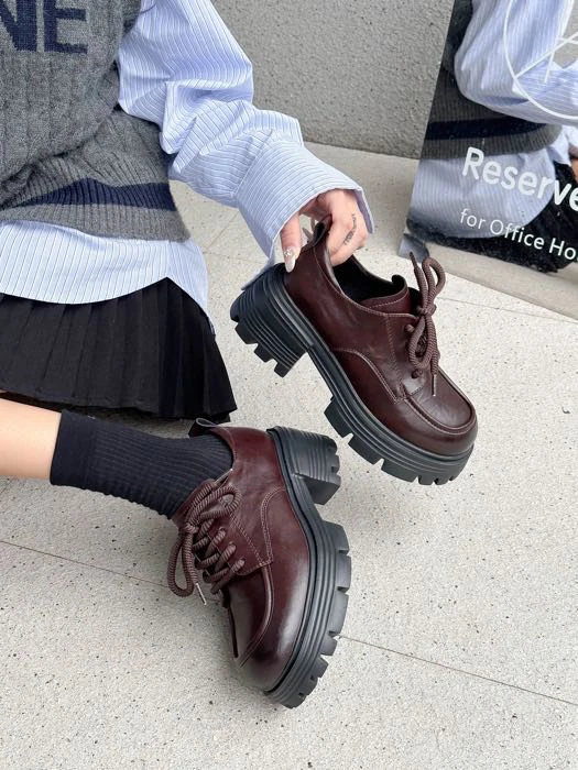 1313秋冬新款高挑系带粗跟松糕学院深口乐福鞋厚底JK百搭单鞋女C1