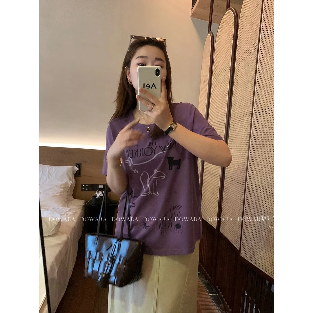 现货大婉酱微胖定制【绝绝紫】短袖t恤春夏女装设计感休闲上衣7995D