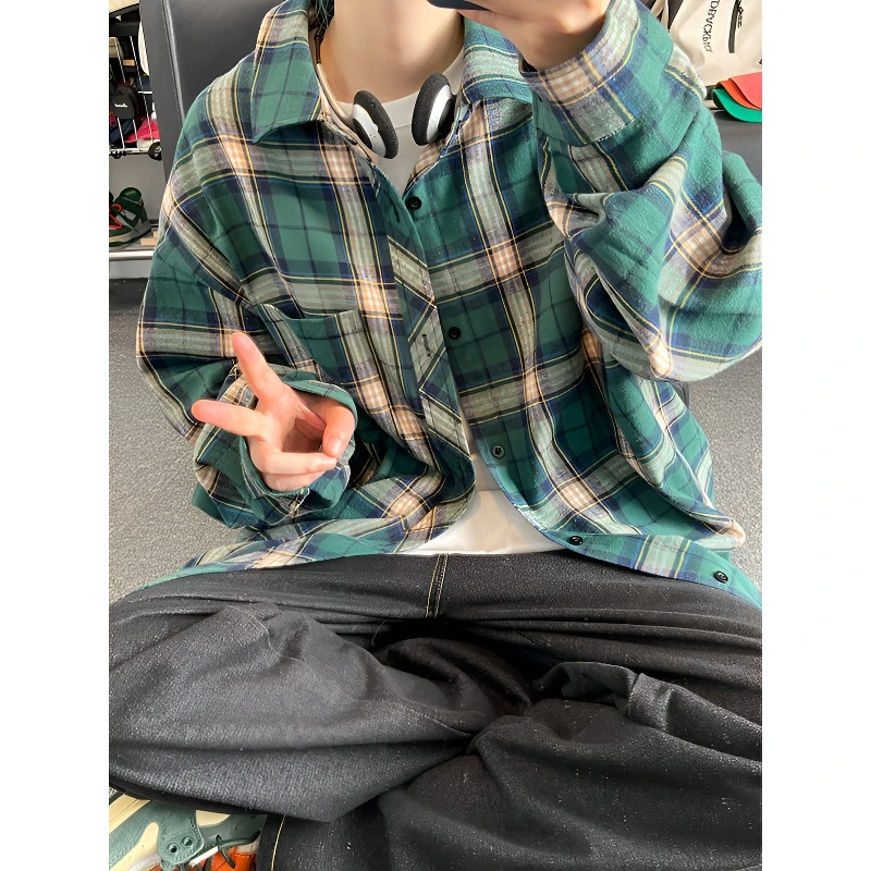 早秋季美式复古绿色格子衬衫男款长袖vintage港风休闲衬衣服外套