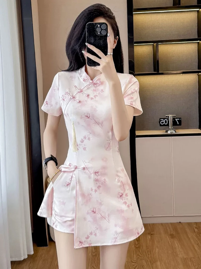 梅花夏季新款中国风新中式改良旗袍套装气质连衣短裤两件套