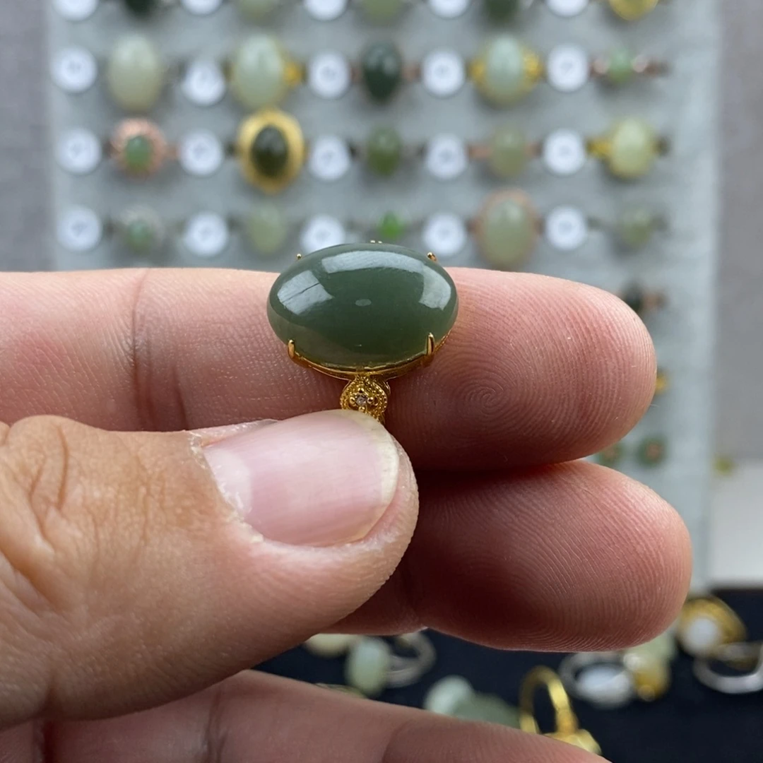 和田玉（青玉）银S925镀金镶嵌戒指