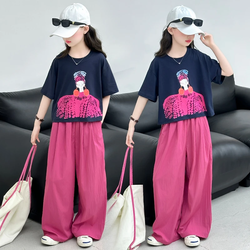 女童夏装短袖T恤山本裤两件套2025新款女大童洋气宽松休闲套装潮