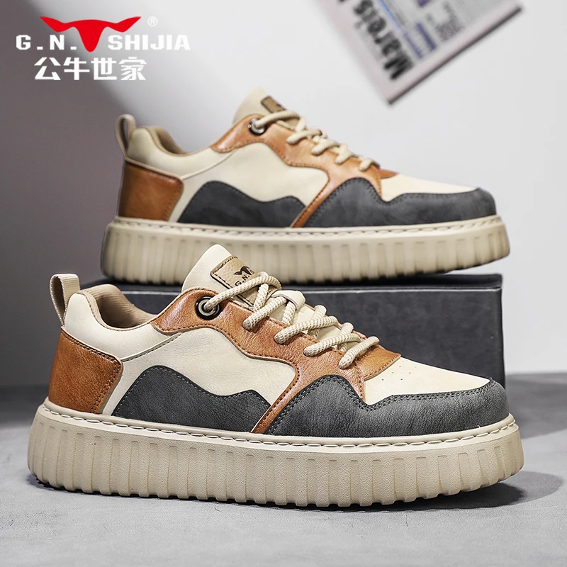 公牛世家2025新款男鞋板鞋百搭复古厚底耐磨增高户外休闲运动鞋