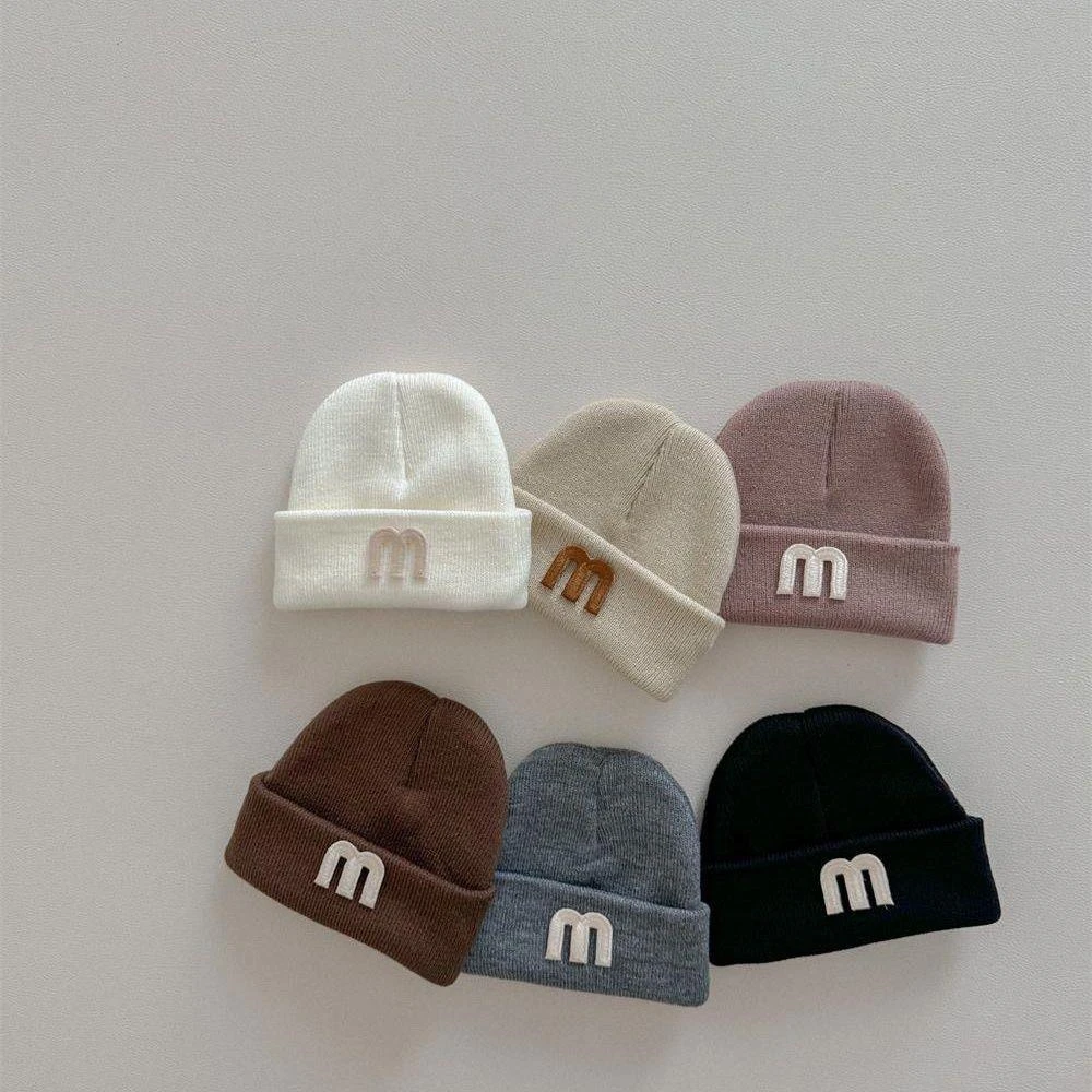 宝宝帽子秋冬季婴幼儿简约风字母帽韩版洋气婴儿针织帽百搭毛线帽