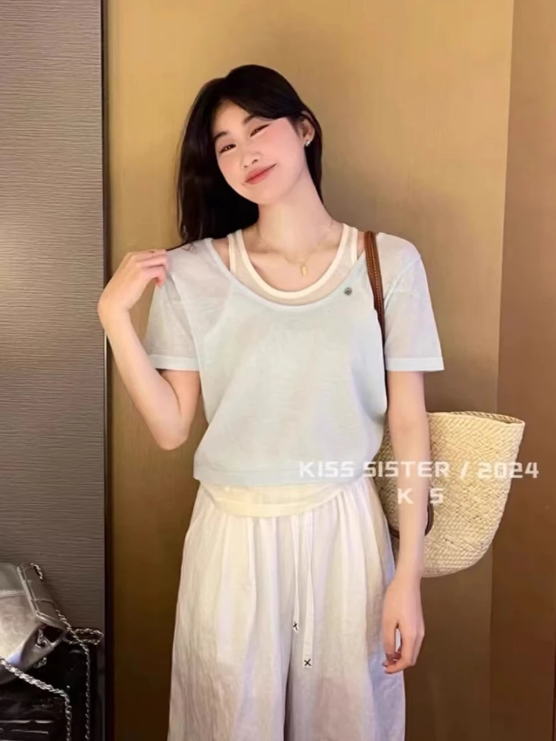 假两件小个子冰丝短袖针织衫女夏法式设计感小众百搭修身短款上衣