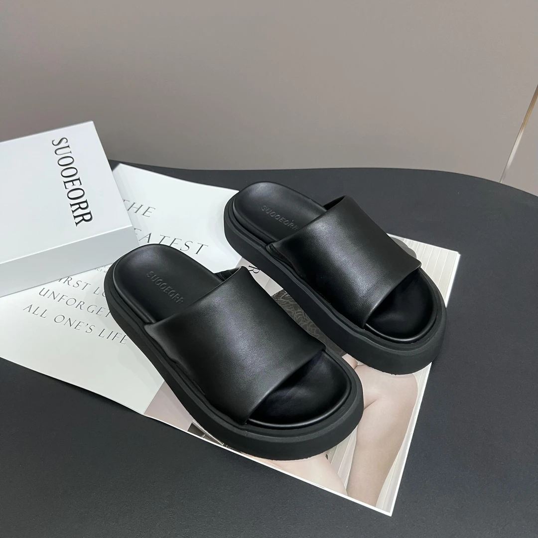 索尔/SUOOEORR欧货真皮女鞋厚底软底舒适露趾休闲沙滩拖鞋一字拖