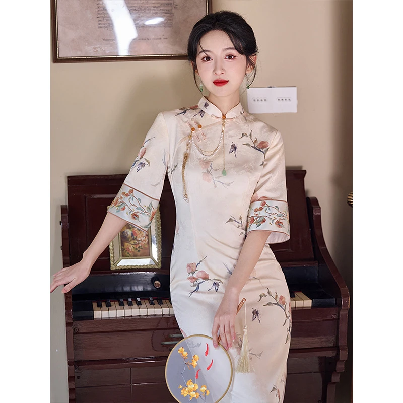 新中式改良旗袍复古中袖2025夏季新款少女日常年轻款素雅高级感夏