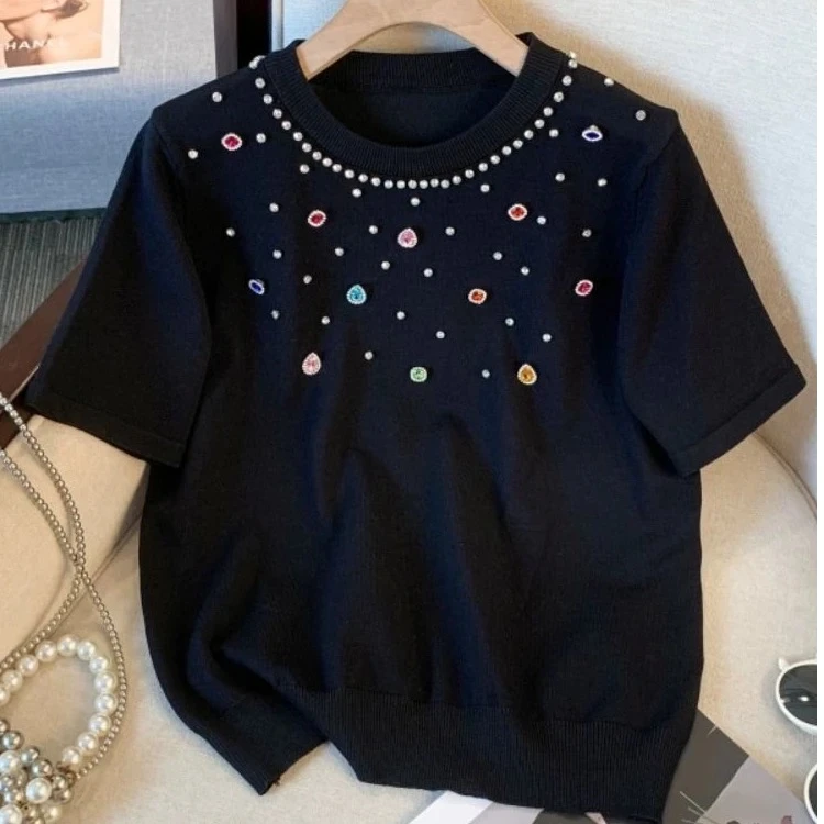 【清仓福利】 240#冰爽丝彩钻轻奢烫钻钉珠速干针织T恤