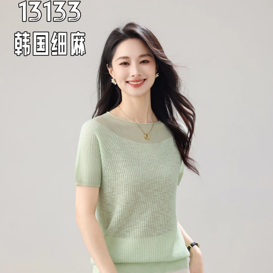 细麻针织衫小个子圆领针织衫夏季修身时尚针织衫毛衣百搭