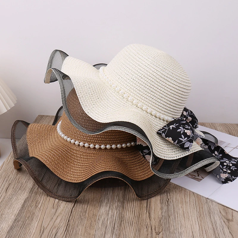 韩版春夏织带结波浪檐草帽女春夏户外显脸小遮阳帽