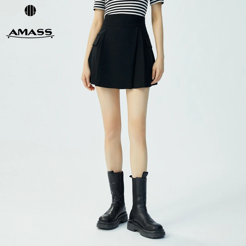 阿玛施AMASS女装新款气质宽松收腰显瘦高腰纯色半身A字裙5200344