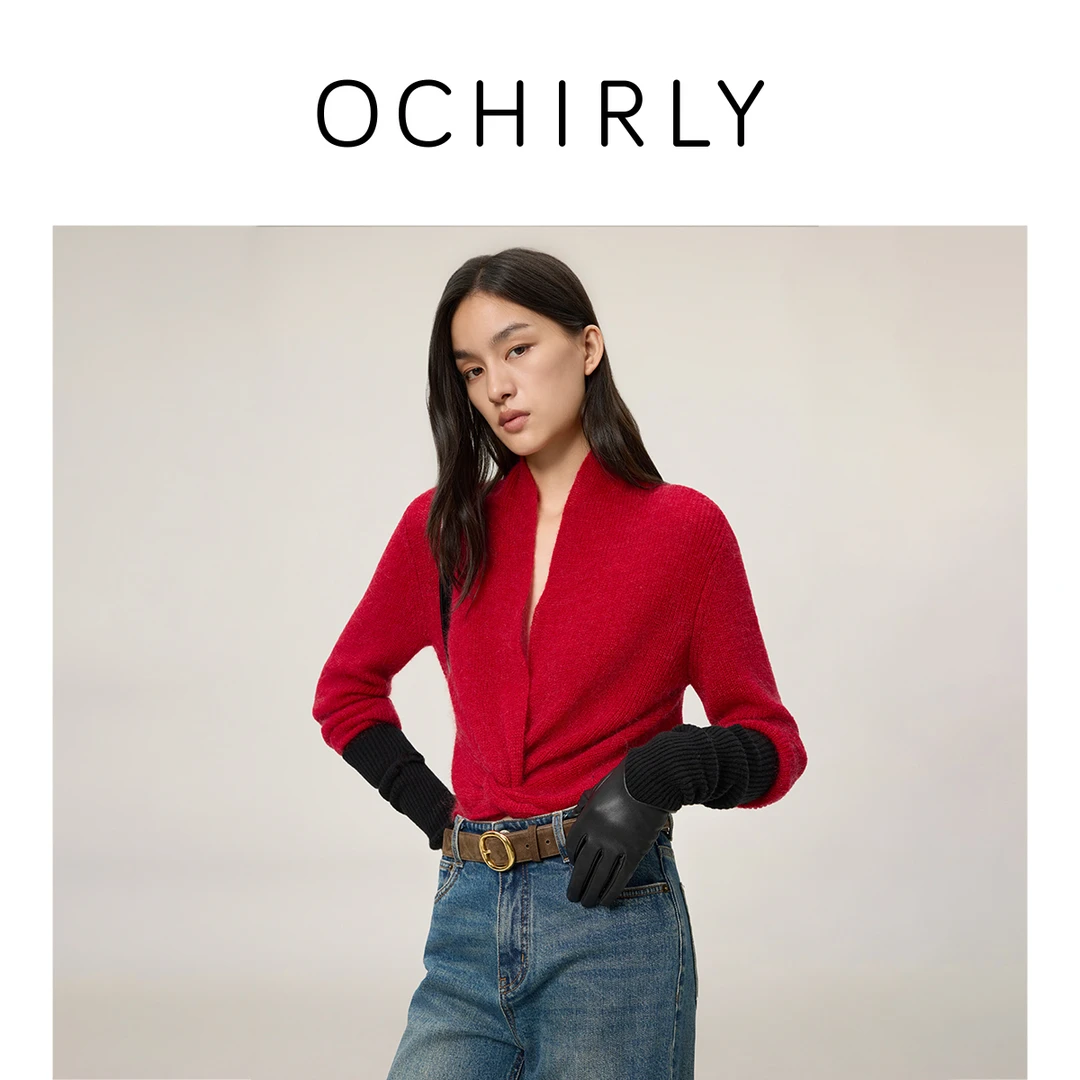 【新品】OCHIRLY欧时力 羊毛交叉扭结V领针织毛衣轻薄内搭2025冬