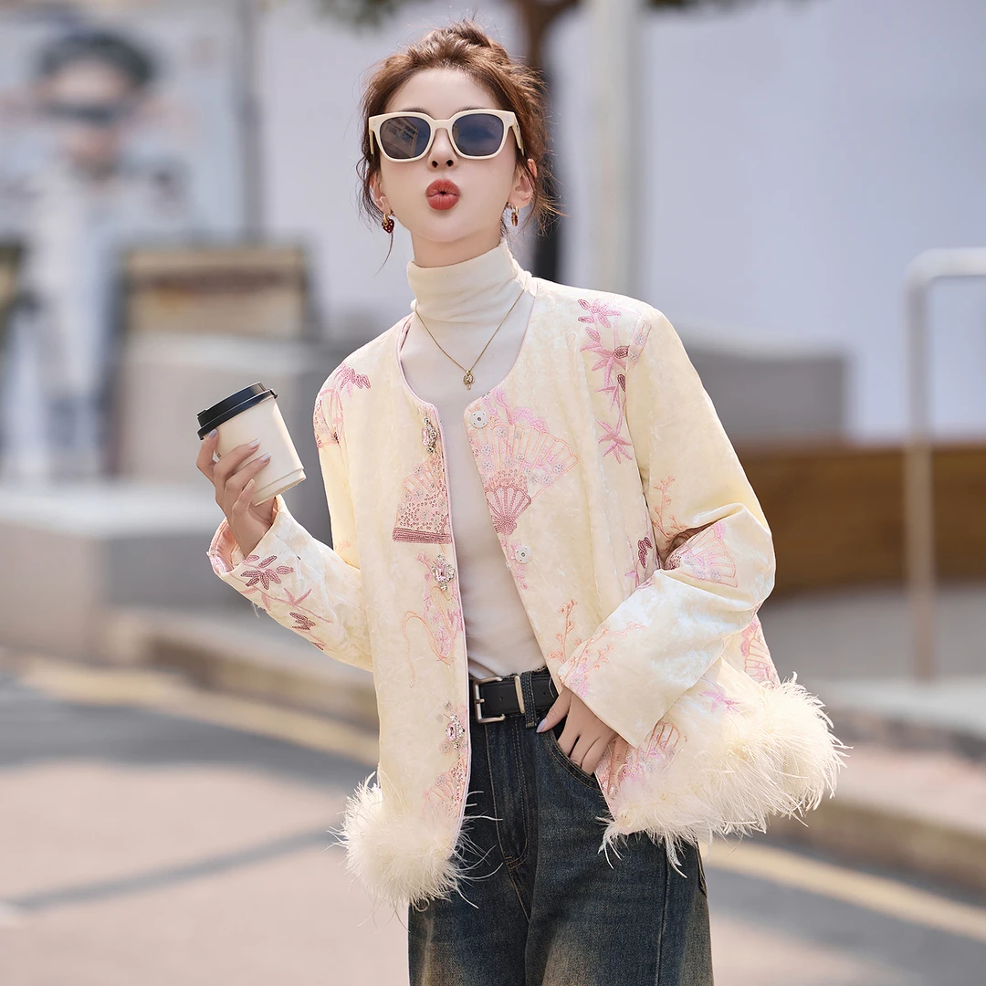 新中式国风复古高级感刺绣毛毛外套高级感洋气短款羽绒服冬季新款