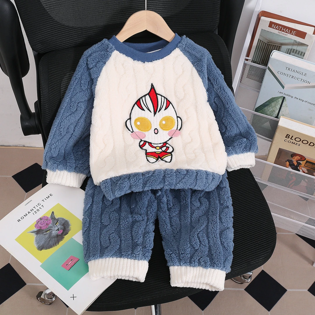 儿童睡衣男童法兰绒新款秋冬季家居服加厚宝宝卡通男孩珊瑚套装