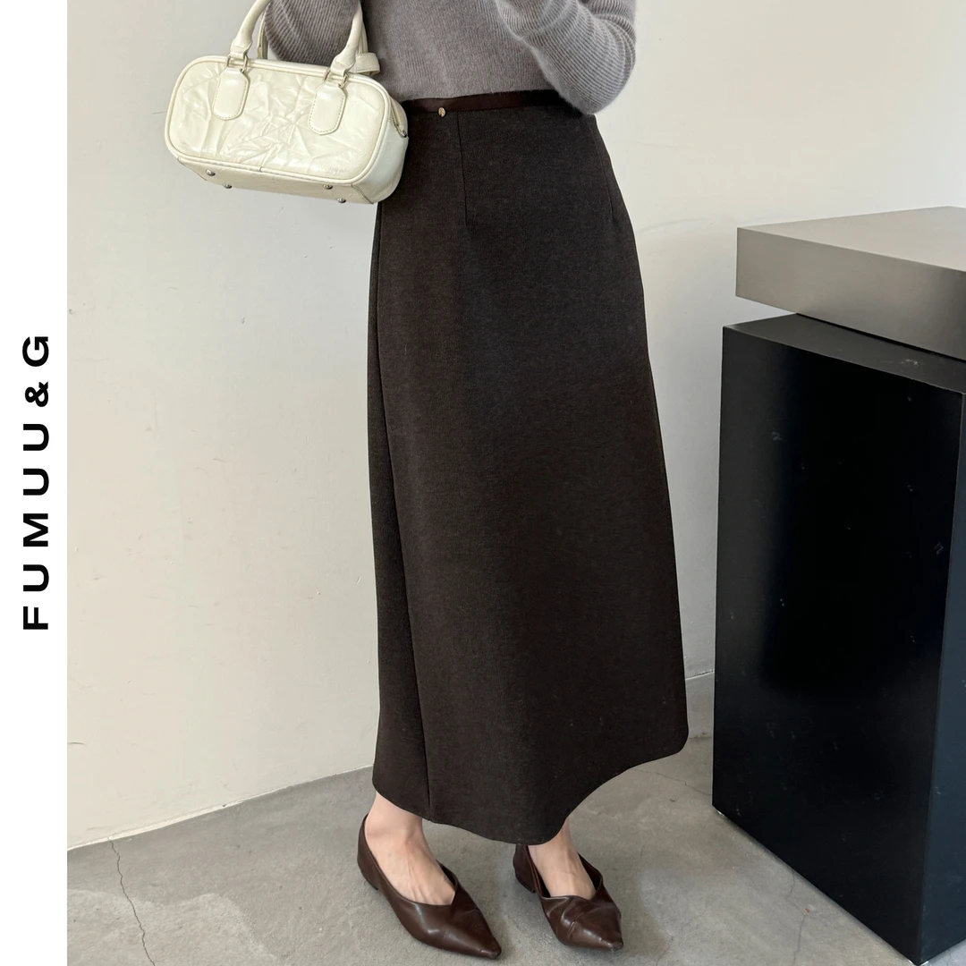 2025秋冬季新款咖色包臀直筒开叉醋酸羊毛呢半身裙女棕色长裙子厚
