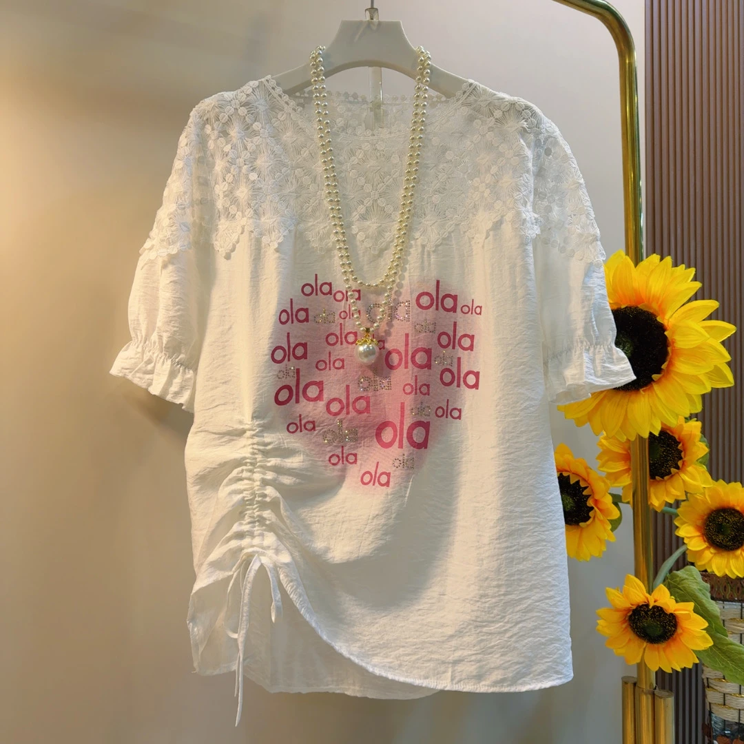 GD韩版蕾丝拼接爱心休闲短袖洋气减龄上衣宽松