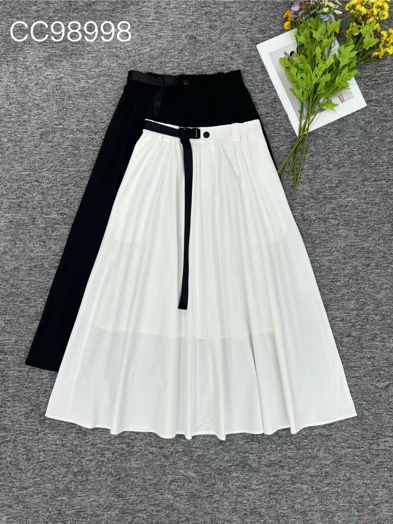 98998裙子半身裙O型长款夏季女装高腰百搭抽褶通勤A字裙