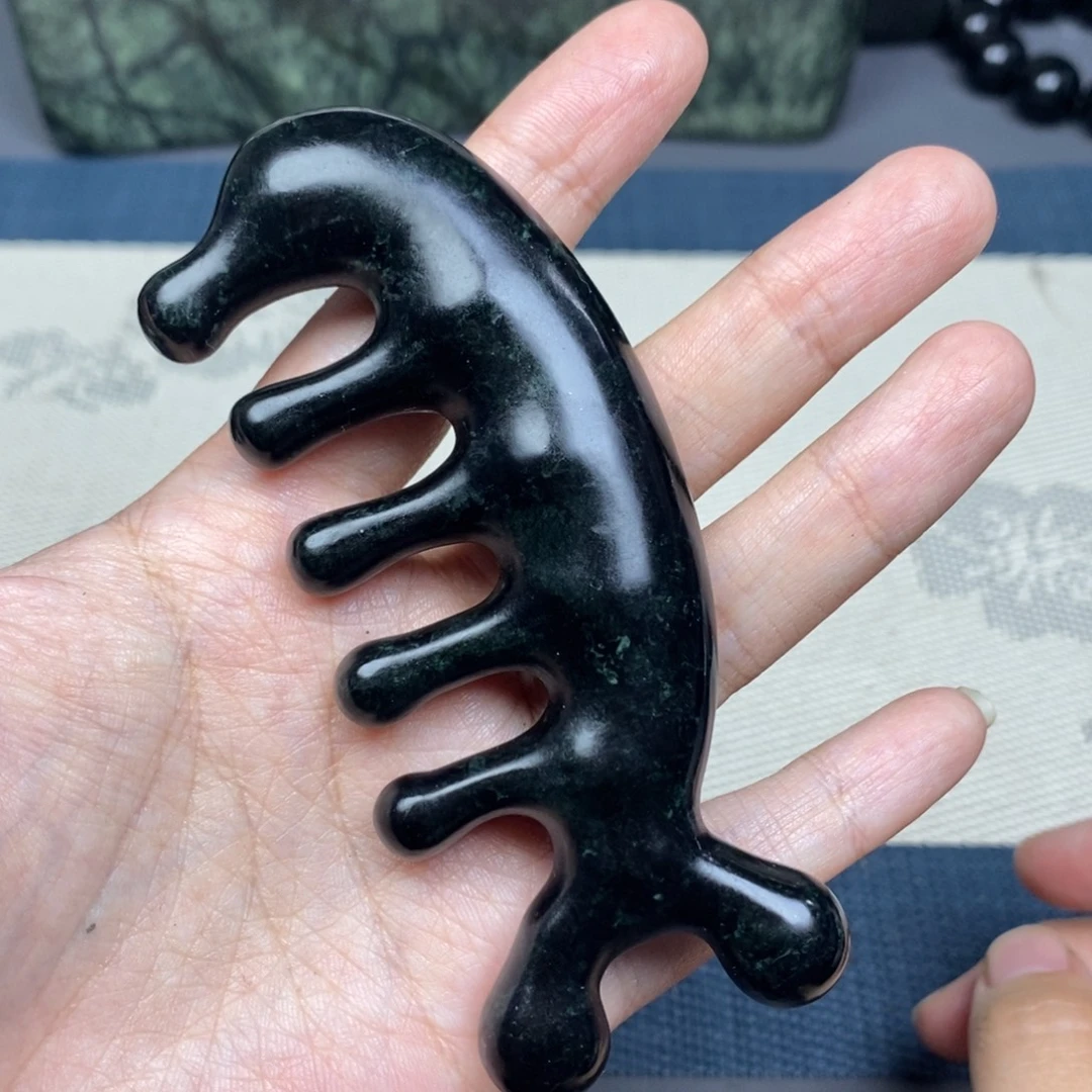 蛇纹石玉未镶嵌黑包公按摩梳微打磨痕
