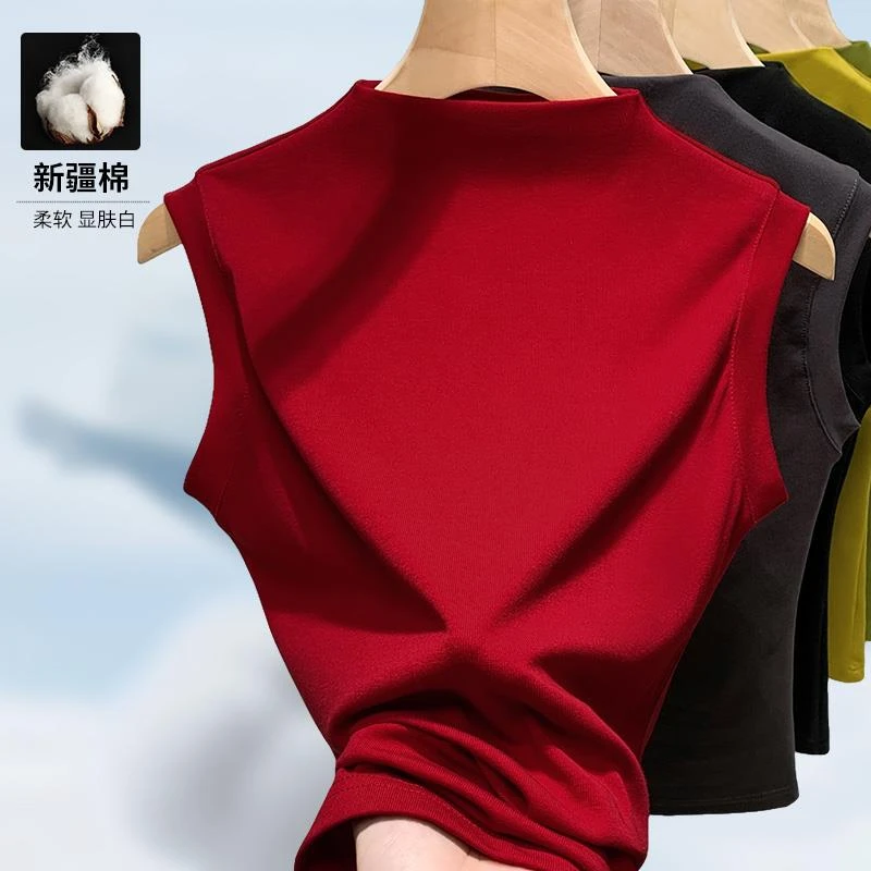 纯棉背心女士内搭春秋2025新款半高领修身显瘦打底衫显白红色上衣
