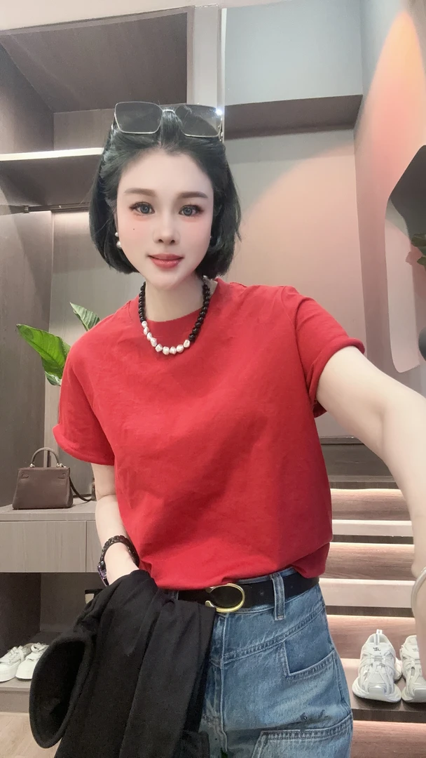 【YUANJIE】欧洲站南油夏新款时尚卷边短袖棉T恤女圆领纯色百搭上衣