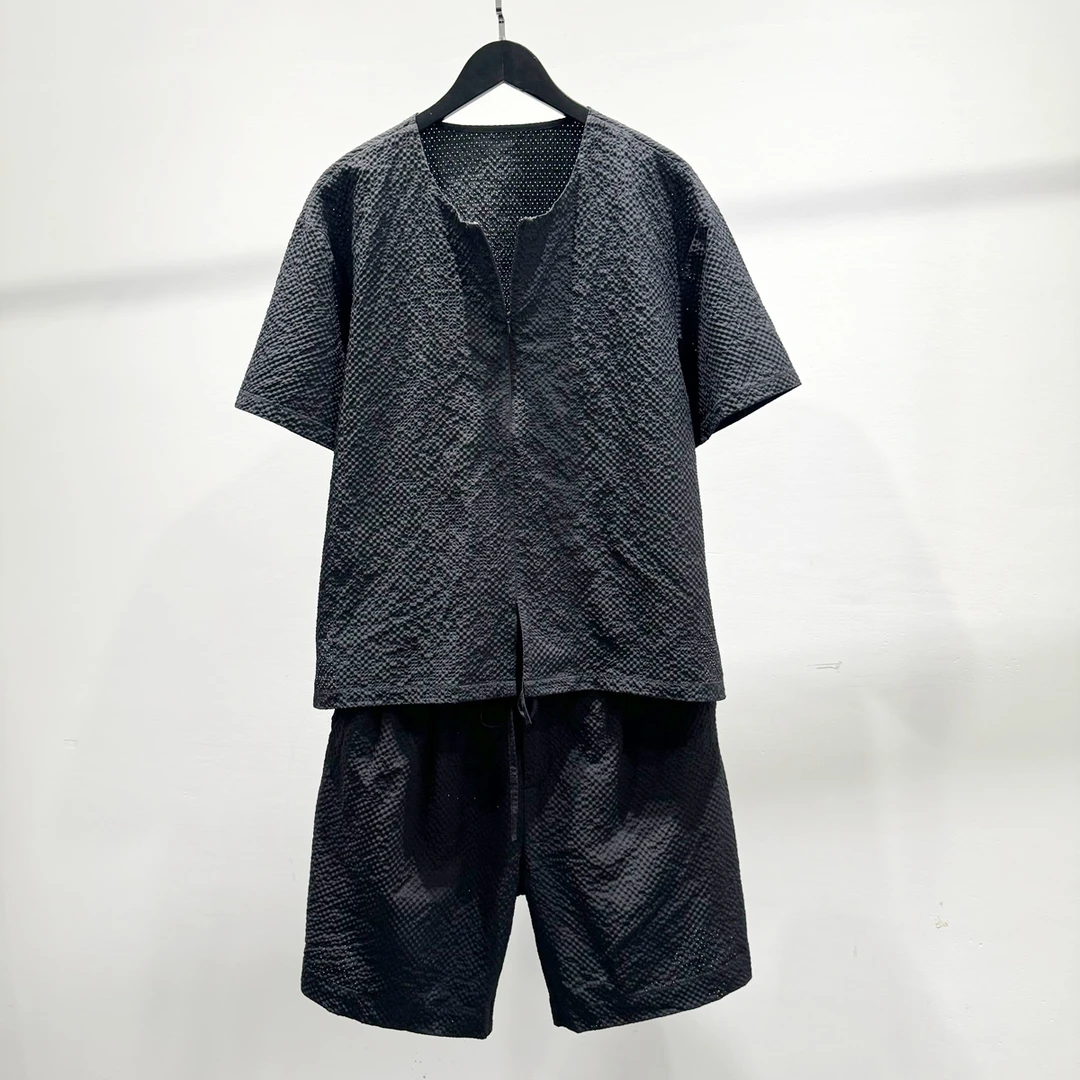 小众个性破洞透气半拉链短袖两件套男士夏季开叉宽松休闲套装