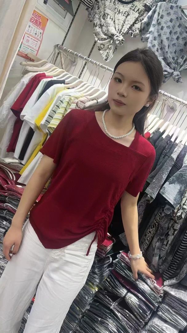 【靓衣园】时尚洋气抽绳斜领玉米粒宽松遮肉短袖（98）