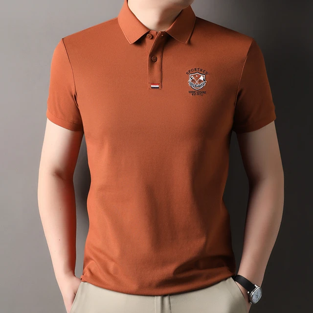 丝光长绒棉桔色短袖t恤男翻领刺绣polo衫中年夏装时尚体恤衫上衣