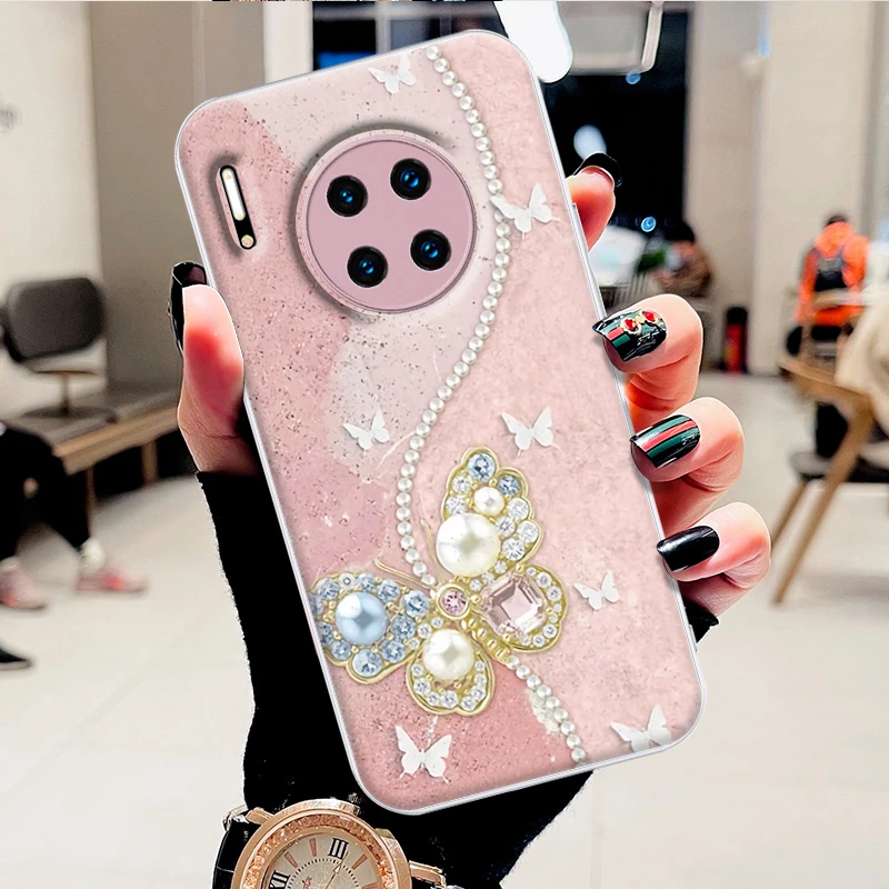 适用华为mate30水凝壳mate30pro手机壳钻石蝴蝶时尚潮防摔保护套