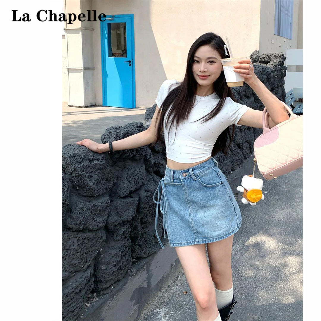 拉夏贝尔浅蓝假两件高腰牛仔短裤女2025夏季新款蝴蝶结绑带短裙裤