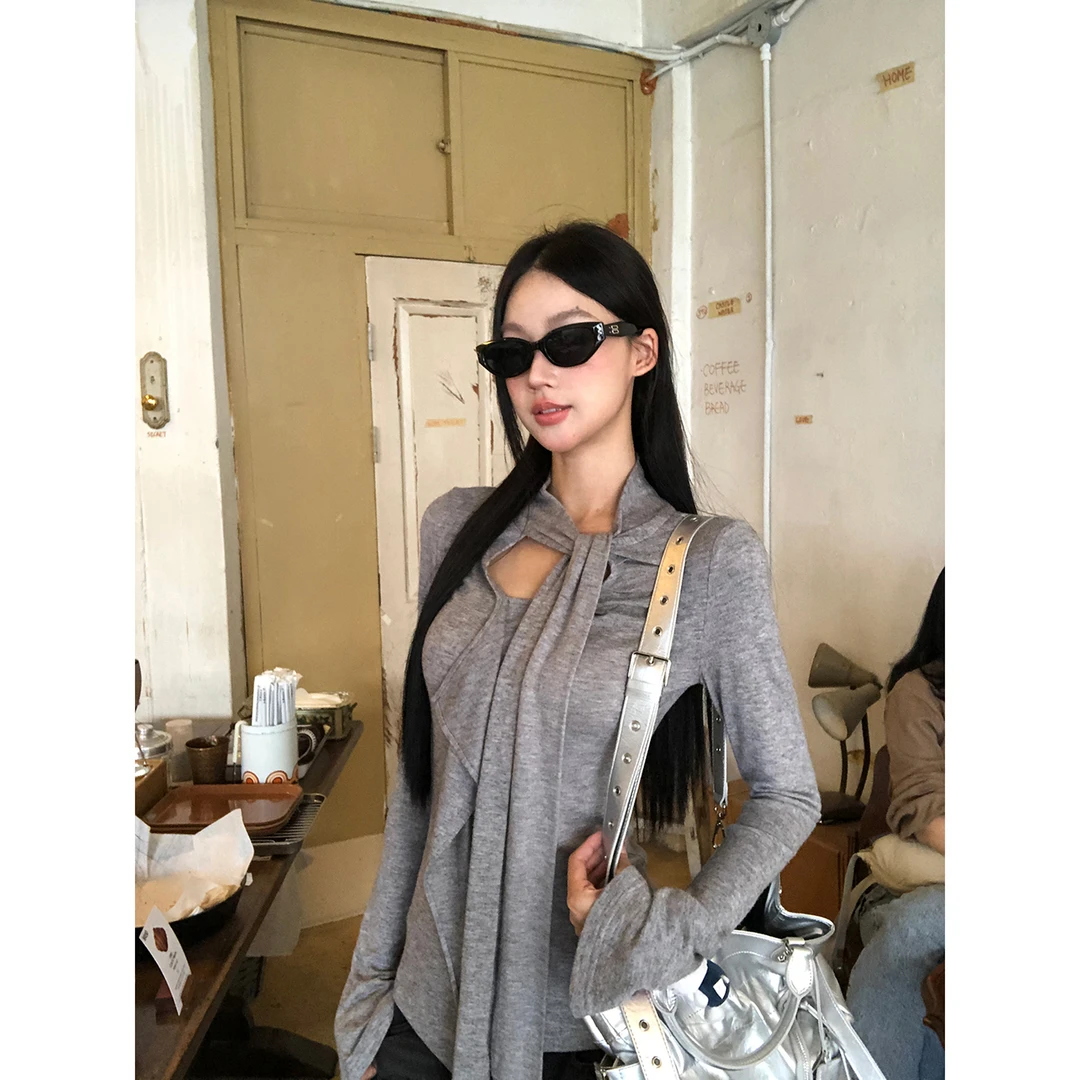 【富士山】秋季荷叶边飘带显瘦修身圆领设计感T恤253V2982