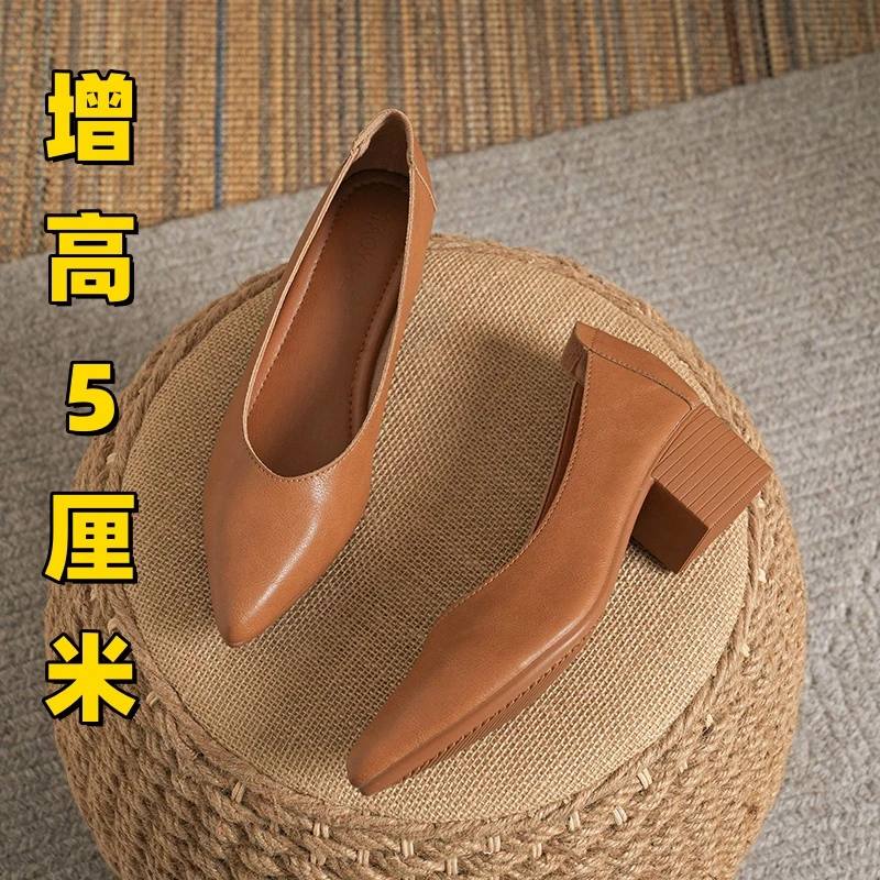 尖头粗跟高跟休闲风简约芭蕾风软底浅口单鞋