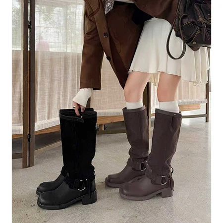 2025秋冬新款圆头粗跟巨软牛皮拼接高筒褶皱堆堆靴皮带扣骑士靴女