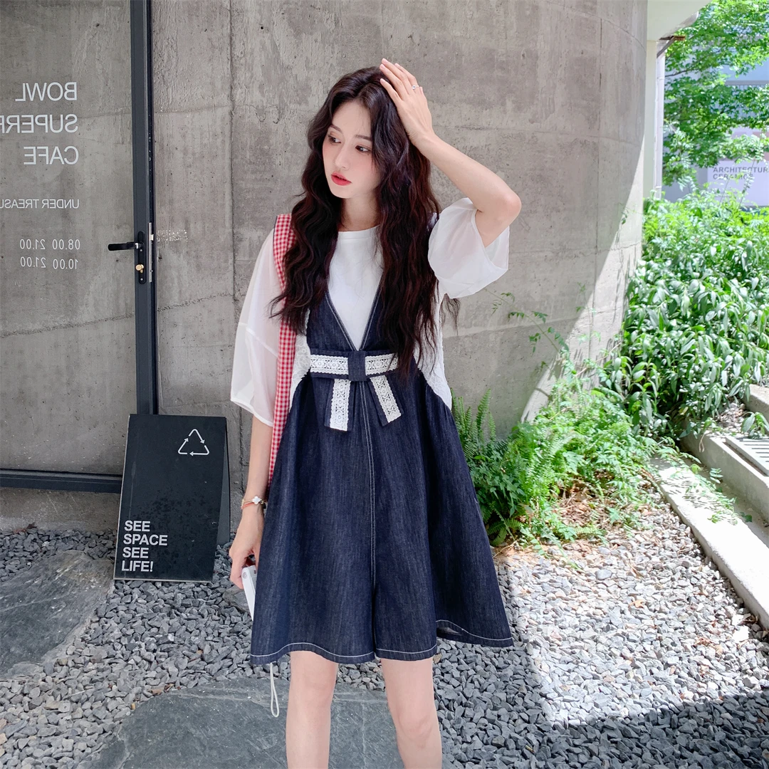 蝴蝶结牛仔背带连体裤两件套女夏季巨好看小众不撞衫减龄洋气套装