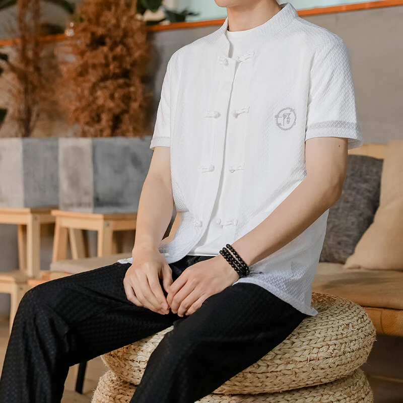 中国风短袖男士冰丝T恤男夏季新款中式男士短袖潮流唐装短袖t恤男