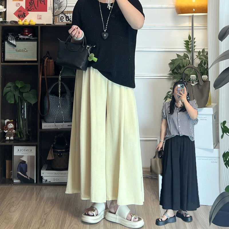 YZJ【精致时髦女主】胖MM夏松紧腰纯色时尚百搭休闲直筒裙裤九分裤