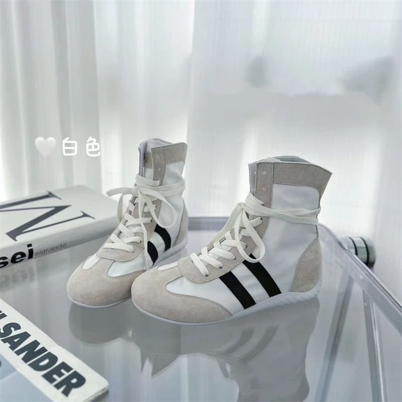 拳击鞋女2025春夏季新款圆头平底高帮德训鞋子百搭休闲鞋运动鞋潮