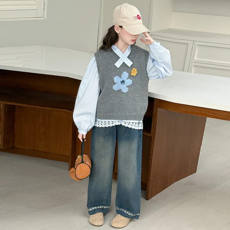 女童秋季新款韩系花朵三件套装2025洋气小清新韩版套装女大童秋装