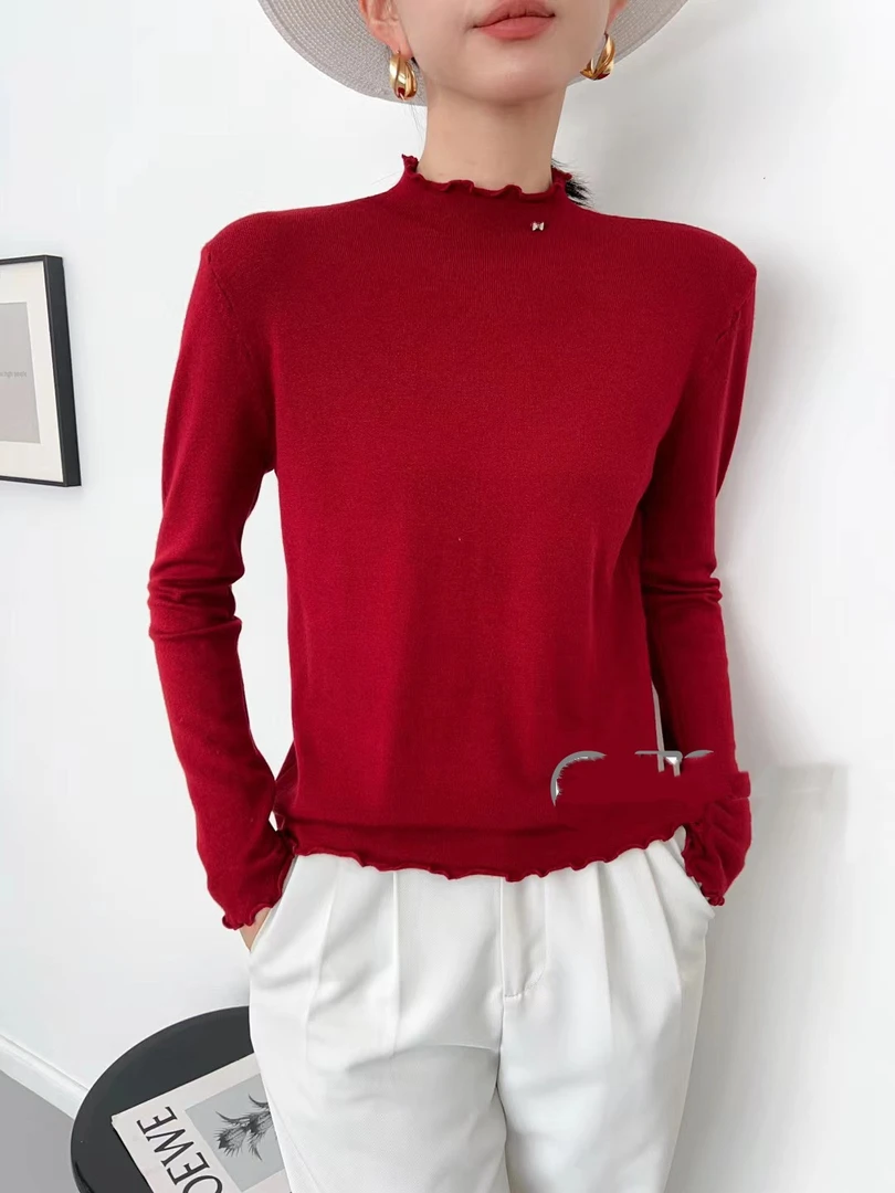 秋冬新款木耳领波浪领口修身显瘦针织衫洋气内搭打底衫