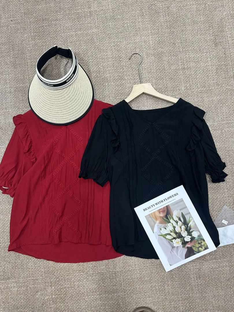 「KEKE」新款短袖衬衫#633女复古荷叶边宽松显瘦上衣